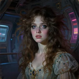 a beautiful and eerie baroque painting of a gorgeous young woman in dead space, with wild hair and haunted eyes, 1 9 7 0 s, space station, neon light, delicate ex embellishments, painterly