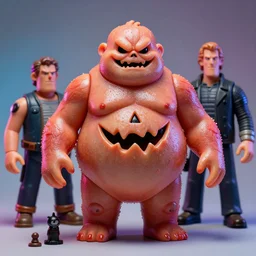 hyperrealistic subsurface scattering rendering, fat smooth wet cronenberg flesh monster jack o lantern by art of skinner and richard corben and jeff easley, product photography, action figure, sofubi, studio lighting, colored gels
