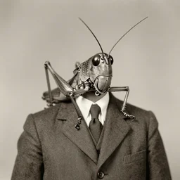 anthropomorphic locust, wearing a suit, vintage photograph, sepia