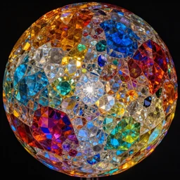inside a sphere with colorful walls made of faceted crystals, interconnected, 360 degree view, dynamic lighting, 4k, HQ, hyper realistic, octane render, colorful, vibrant, venetian glass, amazing details, by james jean, brian froud, ross tran