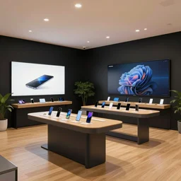 digital painting, lofi aesthetic ( ( ( ( serious grounded balanced muted flagship samsung store, black walls. timber floor. low ceilings with spots. curved furniture, with large digital screen. display tables with phones and tablets, pots with plants, large digital screens on the walls ) ) ) )