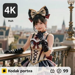 large hairbow. japanese j - pop av idol actress in large hairbow, corset dress, gloves, at balcony set in lineage ii granado espada. 4 k 8 k huhd 1 6 k instagram photo at behance, epic cinematic movie shot, hollywood. kodak portra, fujifilm superia. adobe lightroom, photoshop, pixlr, affinity, luminar