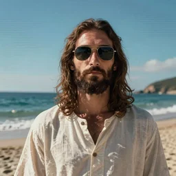 synthwave jesus at the beach in sunglasses. religious icon. vhs distortion. digital art.