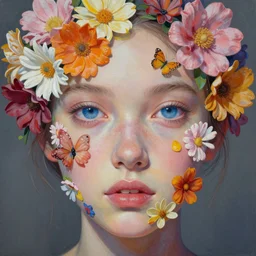 portrait of beautiful girl, blue eyes, covered in flowers by kilart, artgerm, 8 k, hyper detailed, hyper realism, acrylic paint, surrealism, smooth, sharp focus, brian froud