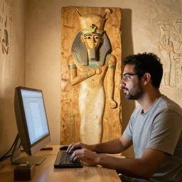 fayum of a man using a computer, mummy portrait, from egypt, from luxor, on wood