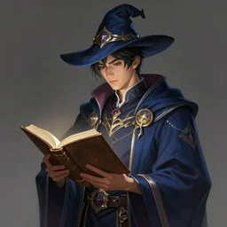 a highly detailed illustration of short black haired young asian male wizard wearing ornate navy robe and mage hat, dramatic reading spell book pose, nonchalant expression, intricate, elegant, highly detailed, centered, digital painting, artstation, concept art, smooth, sharp focus, league of legends concept art, WLOP