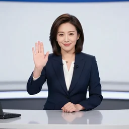portrait photo of the right wing news anchor secretly flipping off, news studio desk
