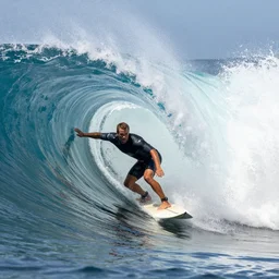 close up side view of a surfer is in the tube of a very large wave. highly detailed, professional high quality 4 k tight action shot heart pounding dramatic lighting