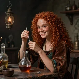 freckled, clumsy medieval alchemist in a alchemy lab!!. dark shadows, curly haired, redhead natalie portman as a ( ( ( cheerful ) ) ), ( low key light ), jan matejko, young, colorful, fantasy concept art by jakub rozalski, law contrasts, and j. dickenson