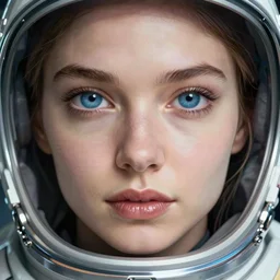 a close up on the face of a beautiful woman in a future space suit; highly detailed; pretty blue eyes; pupils; artwork by james jean and Phil noto