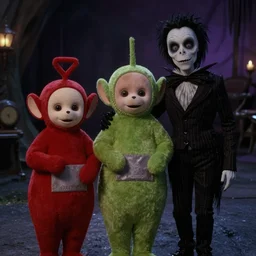 dark spooky teletubbies the style of the tim burton movie beetlejuice. film still, movie still
