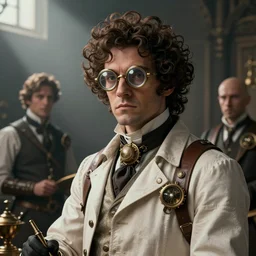 steampunk surgeon with intricate eyeglasses, curly hair, by Anato Finnstark, Tom Bagshaw, Brom