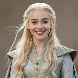 closeup portrait happy beautiful daenerys targaryen with long blonde windblown hair in an ornate royal dress, standing on a street in chinatown, pink lipstick, glamour pose, detailed illustration, digital art, trending on artstation, arney freytag