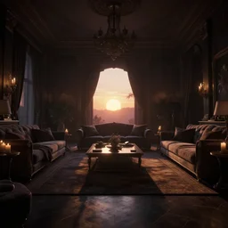 videogame screenshot of a very dark dreamy luxury living room, candlelight, sunset glow, dark shadows, octane render, volumetric lighting, raytracing, symmetrical wide shot low angle