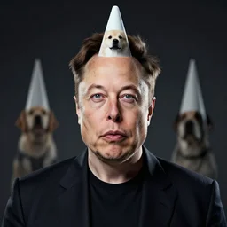 Elon Musk with dog cone head on, realistic artstyle, wide shot, dramatic lighting, octane render, hyperrealistic, high quality, highly detailed, HD, beautiful, cinematic, 8k, unreal engine, facial accuracy, symmetrical