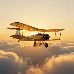a biplane with tons of wings stacked high flying through golden clouds at sunset, symmetrical, 4 k, art station, digital art