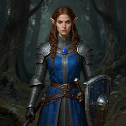 portrait knight female, chain mail armor, blue surcoat, elf long weaving brown hair, round blue necklance, leather gloves, wide belt scabbard, shield, dark forest, dnd fantasy, intricate, digital painting, artstation, concept art, matte, sharp focus, illustration, hearthstone, art by loes romero, artgerm, mucha
