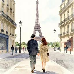 Japanese watercolor painting of a couple holding hands walking in the streets of Paris, view on the Eiffel tower