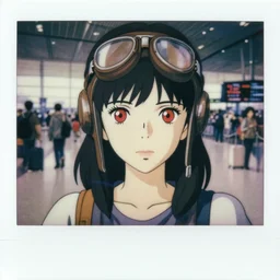 a polaroid full body portrait of a 1 9 5 0's aviator disney style girl, red eyes, finely detailed features, closeup at the faces, perfect art, in the airport yard, gapmoe yandere grimdark, trending on pixiv fanbox, painted by greg rutkowski makoto shinkai takashi takeuchi studio ghibli, akihiko yoshida,