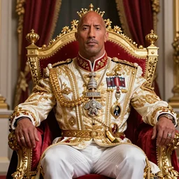 photo of dwayne the rock johnson sitting on queens throne royalty wearing royal mantle gold jewelry diamonds pearls jewels by alex ross