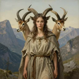 by Rebecca Guay. A detailed horned antelopewoman stands among the mountains. Wearing a ripped mantle, robe. Perfect faces, extremely high details, realistic, fantasy art, solo, masterpiece, art by Arthur Rackham