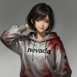 a highly detailed illustration of short hair cute japanese girl wearing blood stained hoodie with the word nevada on it, dramatic smile pose, intricate, elegant, highly detailed, centered, digital painting, artstation, concept art, smooth, sharp focus, league of legends concept art, WLOP