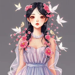 fashionable illustration of a beautiful girl in a transparent dress, medium shot at eye level, delicate floral ornaments on fabric and hair, bright small birds, elegant, eiko ishioka, givenchy, peter murbacher, in the center, beautiful colors, origami, fashion, detailed, playful, dreamy, fashionable, japanese, real character creator, dynamic lighting