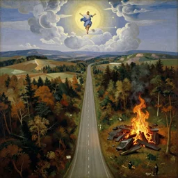 a bifurcation of two roads. one ( narrow )! road goes to the heavens!!, & the ( wide road )! goes to the ( fire pit )!!!. aerial view, religious art, masterpiece. in a combination of thomas cole and paul gustav fischer.