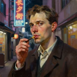 realistic close portrait painting of man smoking in a neon sign lit tokyo alley at night in the style of soviet realism