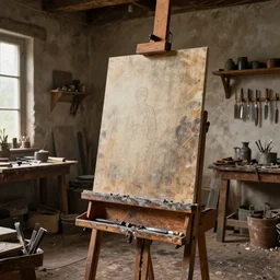 an insanely detailed realistic depiction of rustic artist's workshop, easel, chisel, in the style of peter mohrbacher, artgerm, dramatic lighting and composition, octane render, trending on artstation, concept art 8 k
