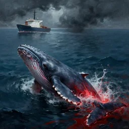 a whale bleeding on the ocean near to a ship!, hiper detailed, dark art, horror art, digital art, realistic painting, high angle, volumetric light, part by beksinski, zdzisław part by carl gustav carus with red blood brushstrokes by swanland raymond.