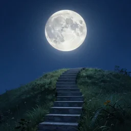 a dreaming landscape with a stair to full moon