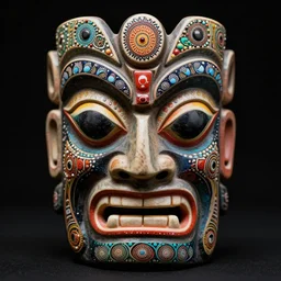 symmetrical tiki mask with eyes and mouth, black background, deep carving, colorful, tribal magic, acrylic dots, psychedelic trip, patterns, fine mandelbrot fractal lace, 1 5 0 mm, soft rim light, elegant, hyper real, depth of field, sharp focus, ultra detailed, octane render, giger beksinski, 1 6 k