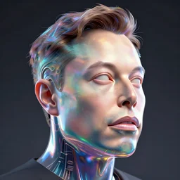 3d render of Elon Musk as a holographic human robotic head made of glossy iridescent, surrealistic 3d illustration of a human face non-binary, non binary model, 3d model human, cryengine, made of holographic texture, holographic material, holographic rainbow, concept of cyborg and artificial intelligence