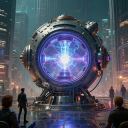 teleportation machine in a cyberpunk world, with people using it to travel the city, the machine is a large metal contraption with plasma energy in the center by daniel ridgway knights and jean - honore fragonard