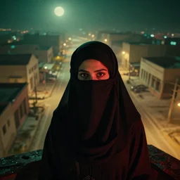 a stunningly beautiful award - winning 8 k high angle close up cinematic movie photograph of woman wearing arabic niqab spooky foggy empty lightless moonlit main intersection in an abandoned 1 9 5 0 s small town at night, by david fincher and darius khonji. perfect composition, shot from roofline, moody low key backlit. color palette from seven, greens yellows and reds. 2 point perspective, high angle from 1 5 feet off the ground. octane render