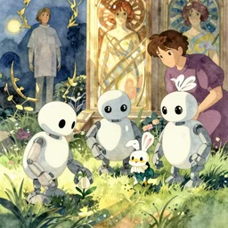 a wholesome animation key shot of daisy picking robots, studio ghibli, pixar and disney animation, sharp, disney concept art watercolor illustration by mandy jurgens and alphonse mucha and alena aenami, pastel color palette, dramatic lighting