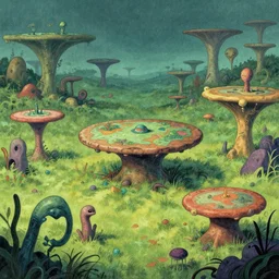 the meadows of an alien world where gravity is crushing and full of organisms that resemble walking tables, alan bean illustration
