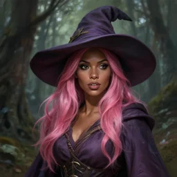 picture of female wizard in the forest, ferret inspired robes and hat, pink hair, brown skin, energetic, gorgeous, high fantasy, highly detailed, detailed faces, smooth, sharp focus, chiaroscuro, digital painting, concept art, rossdraws and moebius and jon mcnaughton