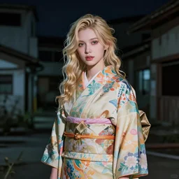 stunning, breathtaking, awe - inspiring award - winning portrait of an attractive white faerie with wavy blonde hair, wearing a colorful yukata in an abandoned city at night, extremely moody lighting, intricate, soft focus, 8 k