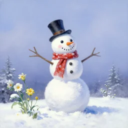 snowman on a snowy hill with Winter flowers by Thomas Kinkade