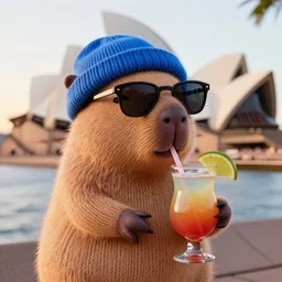 a photorealistic photograph of a knitted cute Capybara wearing sunglasses and dressed in blue beanie cap. The subject is also sipping a refreshing Mai Tai cocktail drink right outside of the Sydney Opera House during sunset. This 4K HD image is Trending on Artstation, featured on Behance, well-rendered, extra crisp, features intricate detail and is in the style of Unreal Engine.