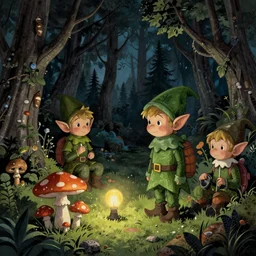 an elf community looking for mushroom in an alien forest at night, artificial lighting all around the place, artwork by bansky