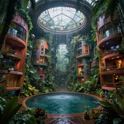 cyberpunk futuristic greenhouse apartments in a tropical forest setting. vivid colors mixes with dusty moody lighting. heavy rain is falling through a central opening in the roof, into a dimly lit pool of water in the centre of the room. architectural concepts inspired by dune 2 0 4 9, 8 k, photorealism, hdr, ultra sharp, environmental render, concept. wide aspect ratio, cinemaphotography