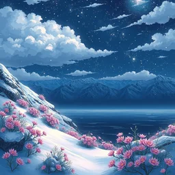 mountain, sea, deep night, winter, snowy, full of colorful flower, beautiful cloud, quiet, no people, anime background, illustration, sharp focus, intricate, smooth, super wide angle, trending on artstation, trending on deviantart