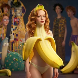 anthropomorphic portrait of emma stone as a banana, au naturel, hyper detailed, digital art, trending in artstation, cinematic lighting, studio quality, smooth render, unreal engine 5 rendered, octane rendered, art style by klimt and nixeu and ian sprigger and wlop and krenz cushart and pixar and riot and and bananaman is a character from adventure time, bananas in pijamas