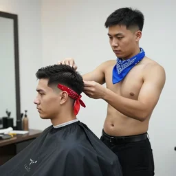 shirtless barber with a blue bandana giving a haircut to a man with a red bandana while sitting on his lap flash photography