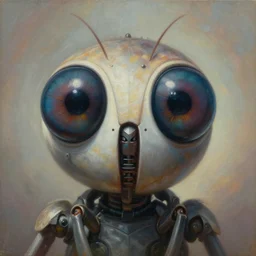 desaturated!!! holy saint aura battle robot award winning closeup portrait huge insect eyes symmetry faded tetrachromacy desaturated!!! colors trippy background tim hildebrandt wayne barlowe bruce pennington donato giancola larry elmore masterpiece trending on artstation cinematic composition beautiful lighting hyper detailed!!! 8 k oil on canvas