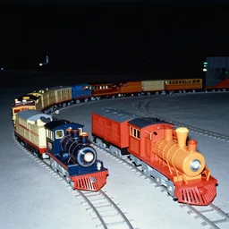 liminal space with giant toy train locomotives, flash photography 1998