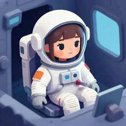 ( ( strong dither ) ), editorial illustration interior portrait of space ship with a young astronaut girl, isometric 3 d, colorful modern, mads berg, victo ngai, jean giraud, christopher balaskas, dynamic composition, detailed, matte print, dynamic perspective, halftone texture, muted color, lomography